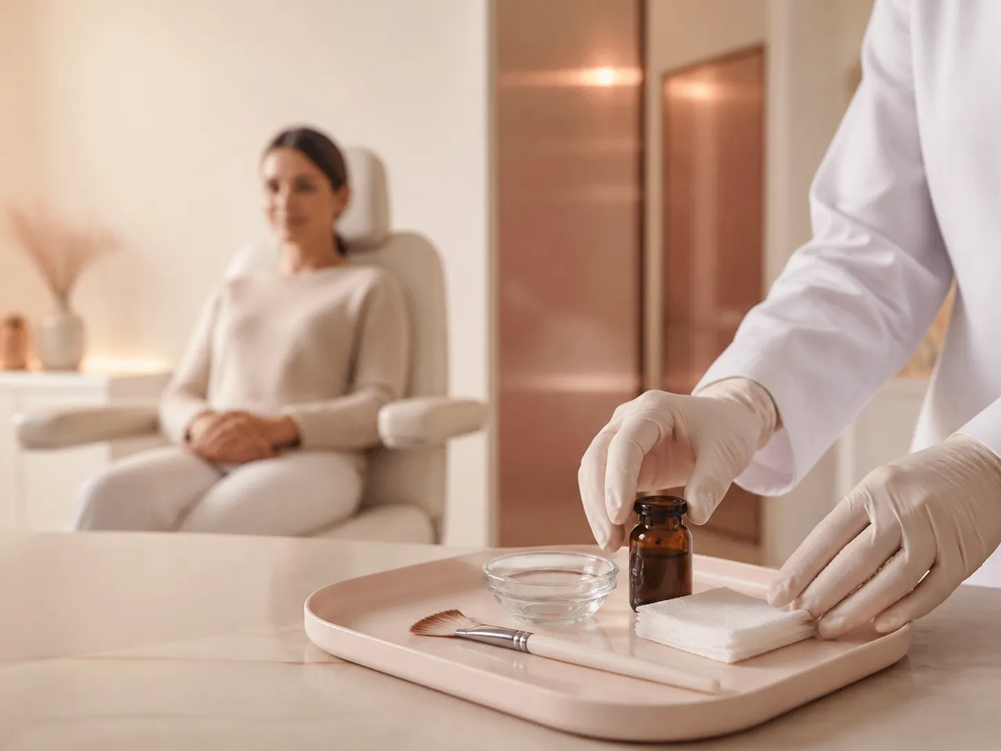 Dermatology skincare products prepared for a chemical peel consultation