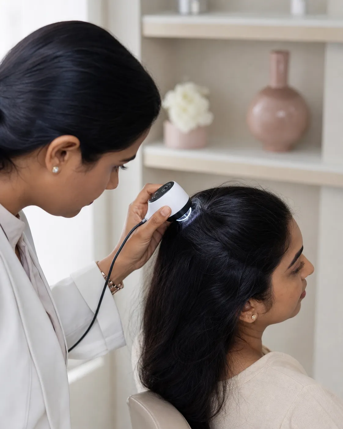 Hair and scalp consultation at a skincare clinic